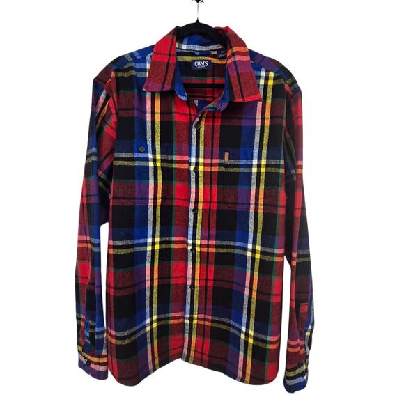Chaps Plaid Flannel Button Up Shirt Mens 2XL Red Blue Western Colorful Classic - Picture 1 of 10
